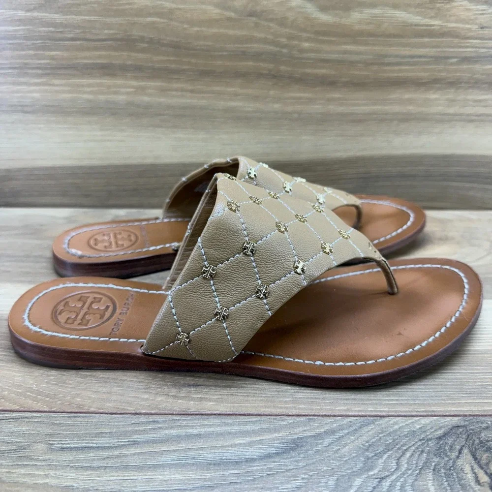 Tory Burch Quilted Mini Studded Sandals 7 M Camel Leather Vacation Travel Preppy